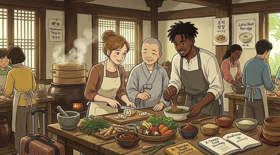 Foreign couple joining a monk-led cooking class for an Authentic Vegan Korean Temple Food Experience