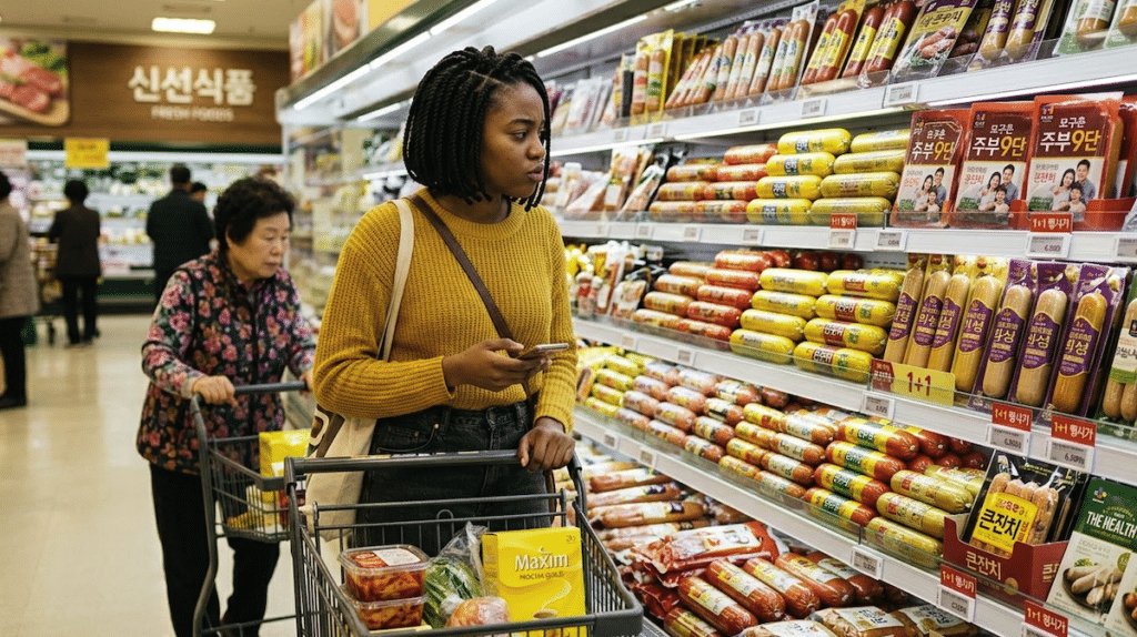 Best Korean Sausage Guide 2026 showing an African American woman thoughtfully choosing between various Korean sausage brands in a Seoul hypermarket.