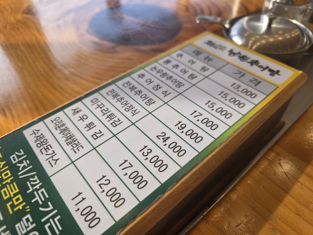 An angled photograph of a detailed Korean restaurant menu board (Namwon Chueotang) listing various mudfish-based dishes and prices for the Stamina Food in Seoul discussed in the guide.