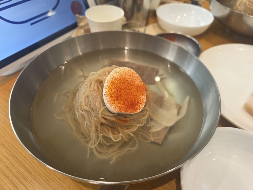 An overhead shot of a stainless steel bowl containing Pyeongyang naengmyeon. Coiled buckwheat noodles are submerged in a deceptively clear broth, topped with a single slice of boiled beef and a halved egg lightly dusted with red chili powder. This Pyeongyang Naengmyeon Guide focuses on the intense Korean meat broth secrets hidden within this seemingly minimalist dish.
