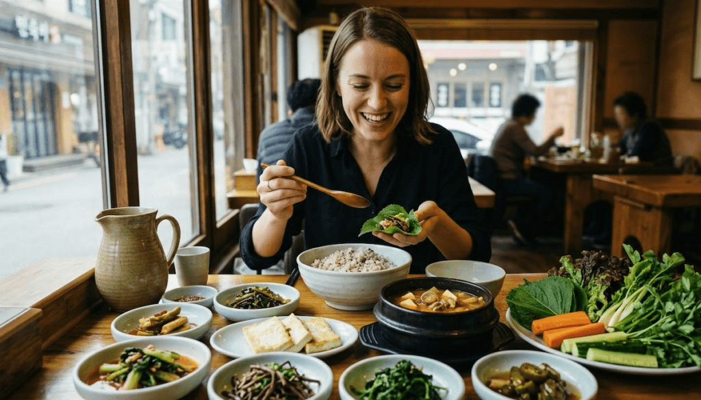 Best Korean Foods for Weight Loss showing a joyous Caucasian woman in her 30s surrounded by a table of traditional dishes (Japgok-bap, Doenjang-jjigae, various Namul, Yeolmu-Kimchi) and multiple types of Ssam greens, happily preparing a wrap, embodying a sustainable health ritual in a traditional Seoul setting.