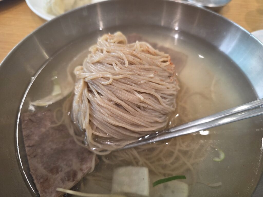A detailed close-up shot of a stainless steel chopstick lifting a bundle of coarse, hand-pressed buckwheat noodles from a bowl of Pyeongyang naengmyeon. The rough texture of the noodles and the transparent broth are visible, emphasizing the unique buckwheat noodle benefits such as a low glycemic index and high fiber content.
