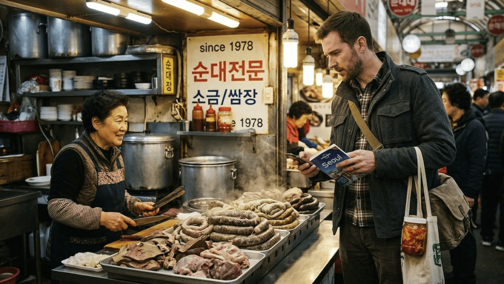 Best Korean Sausage Guide 2026 featuring a Caucasian man exploring traditional Soondae at a steaming market stall in Seoul.