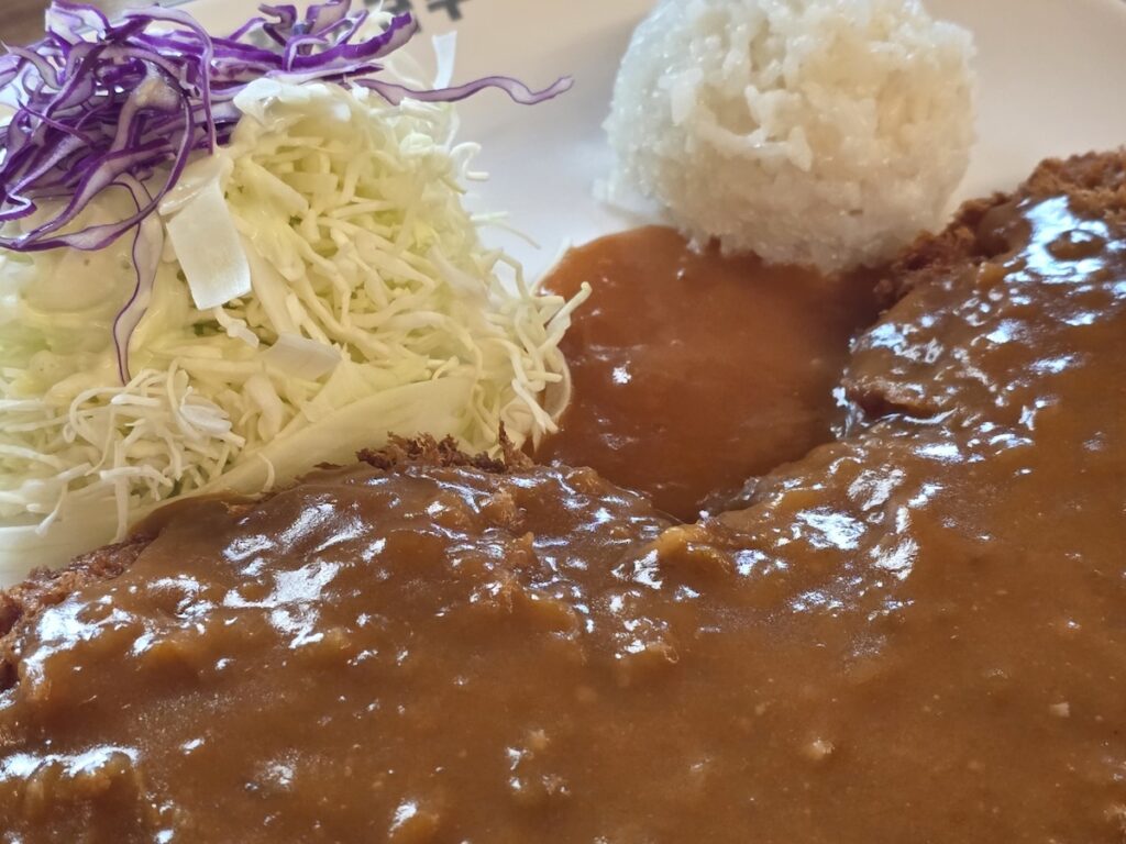 A close-up view of the King-sized Donkatsu, highlighting the crispy texture of the pork cutlet absorbed in the savory-sweet brown sauce, demonstrating the Korean 'Bu-meok' (pouring sauce) style.