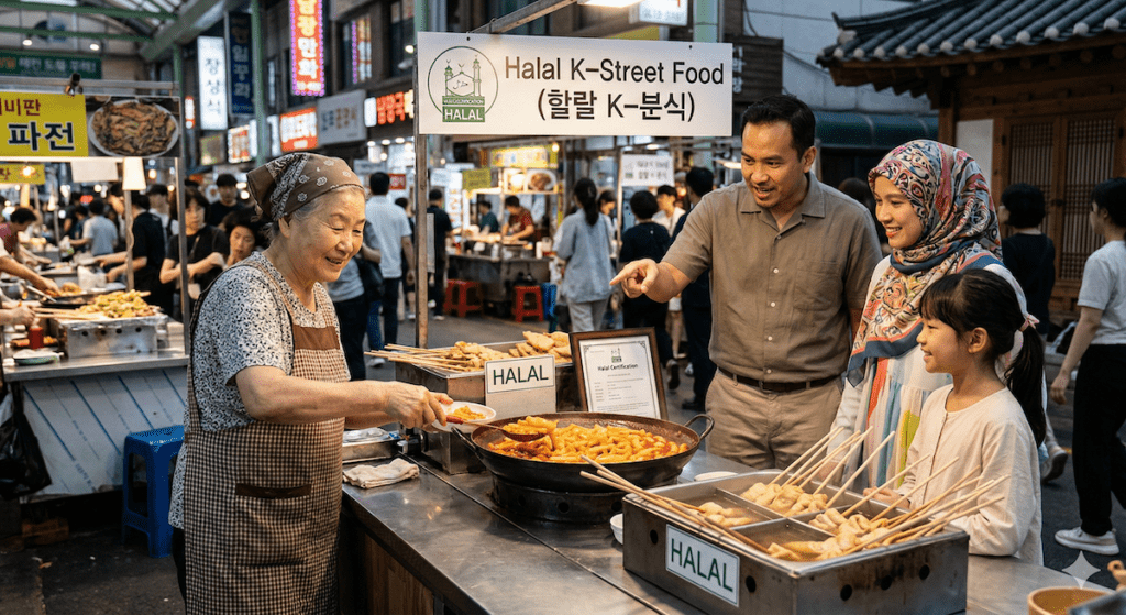 A documentary-style street photograph capturing a happy Muslim family from Singapore ordering Halal-certified Tteokbokki from a friendly Korean vendor at a bustling night market in Seoul. Clear 'Halal K-Street Food' and 'Halal Certification' signs are visible.