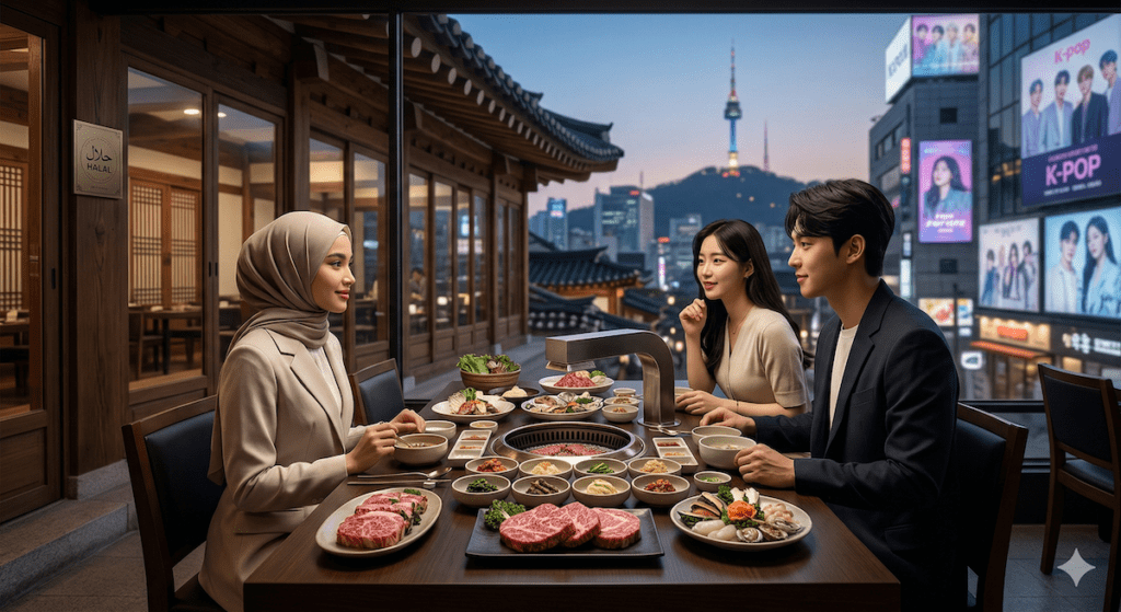 A cinematic view of Korea Muslim Friendly Dining: A young Muslim woman in a luxury Hanok restaurant enjoying a Halal Hanwoo beef course with a view of Seoul's K-pop cityscape.