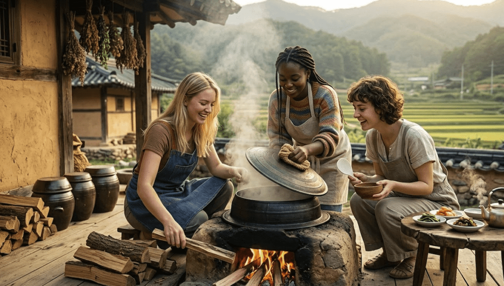 Three happy foreign women learn the Gamasot firewood cooking ritual in rural Korea Travel 2026.