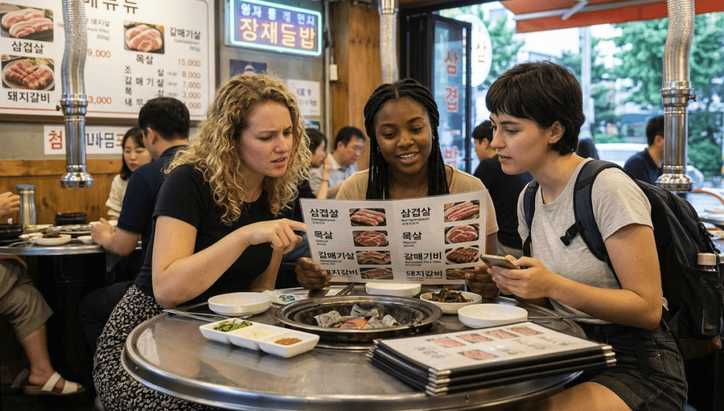 Three diverse young women—two Caucasian and one African American—deliberating over a Korean BBQ menu in a vibrant Seoul restaurant, illustrating the **Korean BBQ Pork Cuts Guide 2026**.