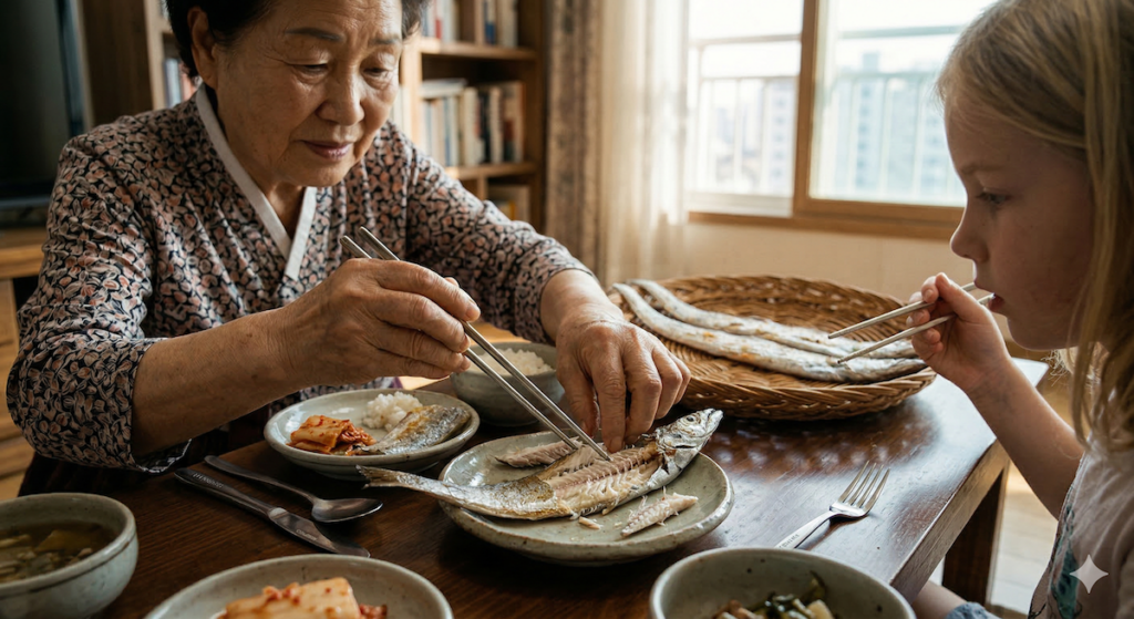 Korean Belt Fish Ritual: A Korean grandmother demonstrates the delicate "Chopstick Surgery" on dried Galchi to her Western granddaughter, providing a clear "How-to" guide for conquering the complex bone structure. The scene is set on a traditional wooden table, similar to image_0.png, with a Wüsthof knife and fork pushed aside as an ignored alternative.