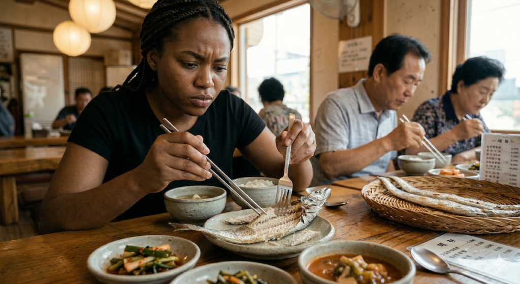 Korean Belt Fish Ritual: An authentic "Dilemma" for a sophisticated traveler. An African American woman in a Seoul restaurant contemplates using a Western fork (Wüsthof) versus metal chopsticks to navigate the complex bone structure of dried Galchi.Her internal conflict visualizes the primary barrier to enjoying authentic bone-in K-food.