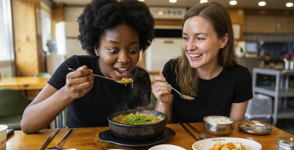 Two foreign women expressing surprise and joy while eating a steaming bowl of Chueotang, a famous Korean Energy Soup, at a traditional restaurant. The image captures the "Shock and Discovery" of tasting Stamina Food in Seoul.