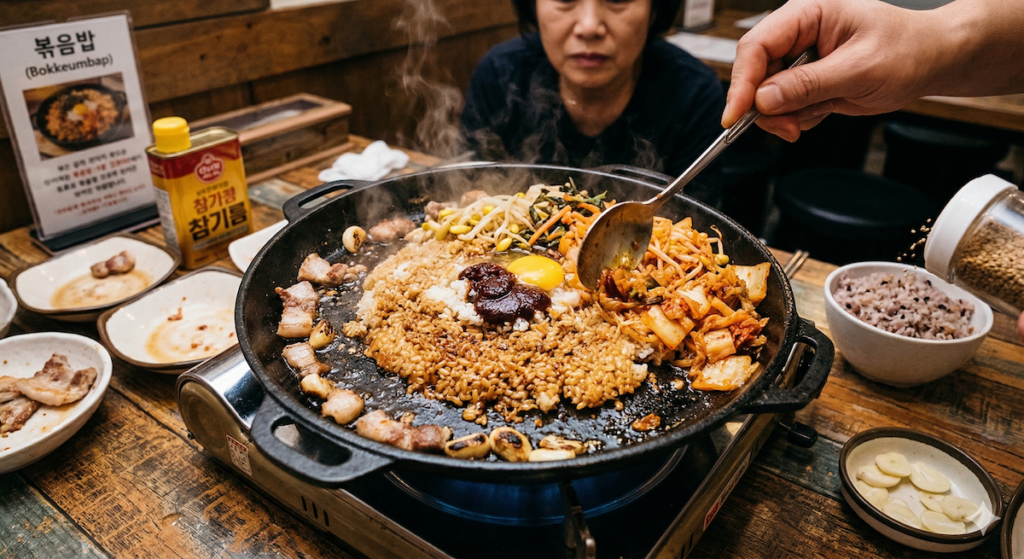 A close-up of dynamic conversion as residual pork belly fat and caramelized Gochujang are stir-fried with multi-grain rice (Japgok-bap) in a rustic cast-iron pot, illustrating the 'Bokkeumbap' finale and the cultural obsession with breaking even (Bon-jeon).