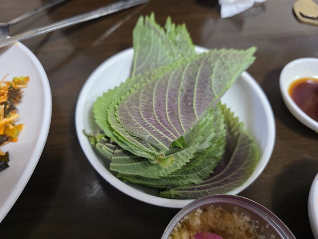 Korean Raw Fish Ssam Ritual: A stack of fresh perilla leaves, showing the intricate vein structure, ready to be used as a fragrant and antimicrobial base for a wrap.