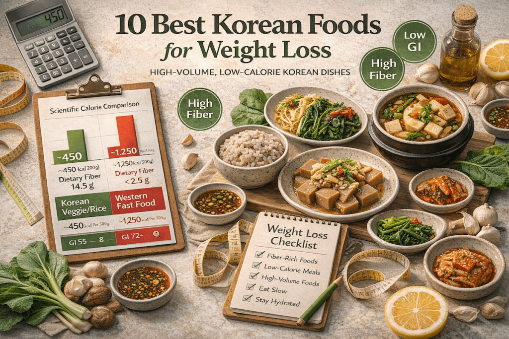 A detailed macro-nutrient data analysis of top Korean weight loss foods like Boribap and Dotorimuk for koreaonmyplate.com.