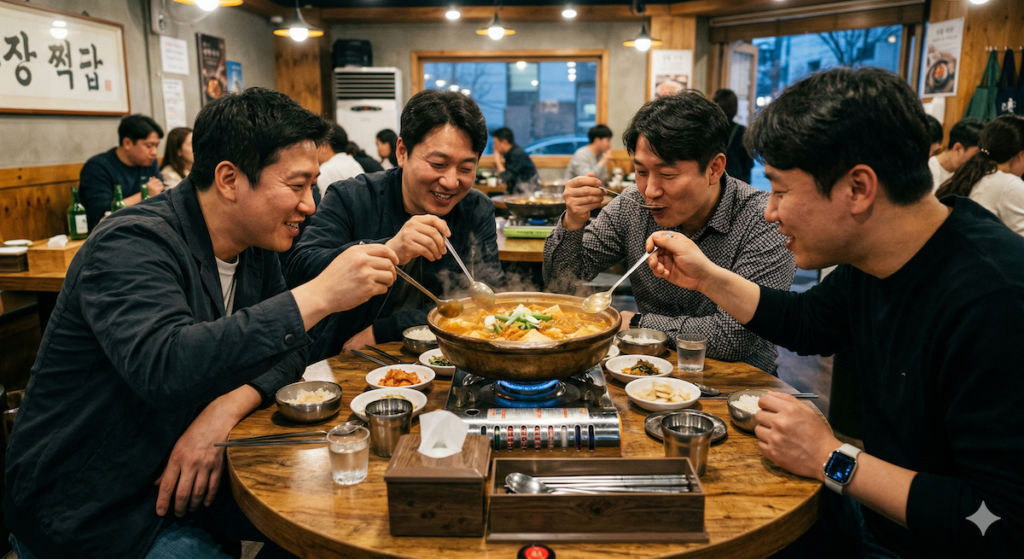 A candid documentary shot of four close Korean men (Jeon-woo-ae/comrades) sharing a single, boiling stone pot of Kimchi Jjigae with their individual spoons simultaneously, a core concept of Sharing Food in Korea and communal dining etiquette in Seoul.