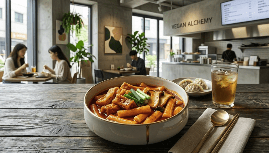A sophisticated serving of Vegan Tteokbokki paired with iced barley tea (Bori-cha) in a trendy Seoul restaurant, embodying the inclusive spirit of the Vegan Tteokbokki Ritual 2026.