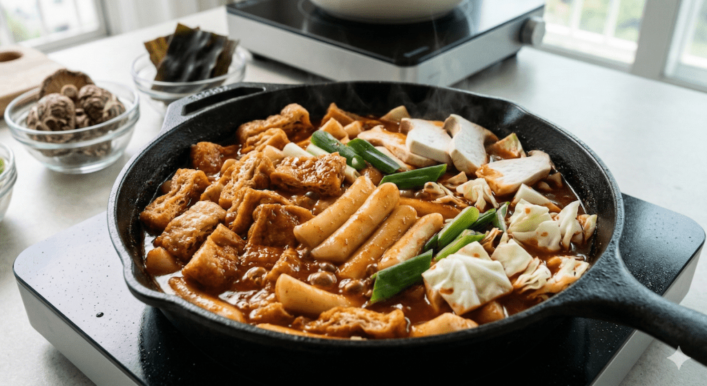 A close-up of thick rice cakes simmering with fried tofu skins and King Oyster mushrooms, showcasing the ingredient integrity of the Vegan Tteokbokki Ritual 2026.