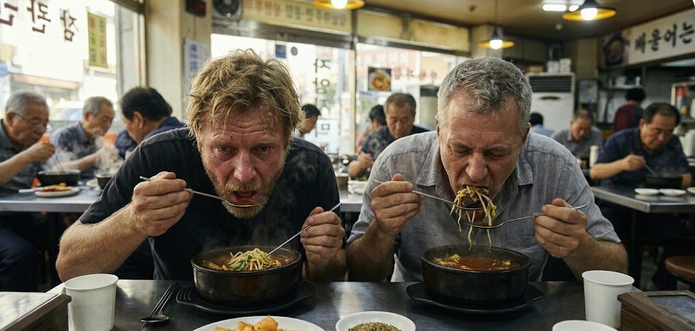 Two Caucasian men, in their late 40s, looking visibly hungover and tired, are intensely eating steaming bowls of Korean Seonji-guk (Ox Blood Soup) in a busy morning diner, based on the Authentic Korean Hangover Soup Guide.