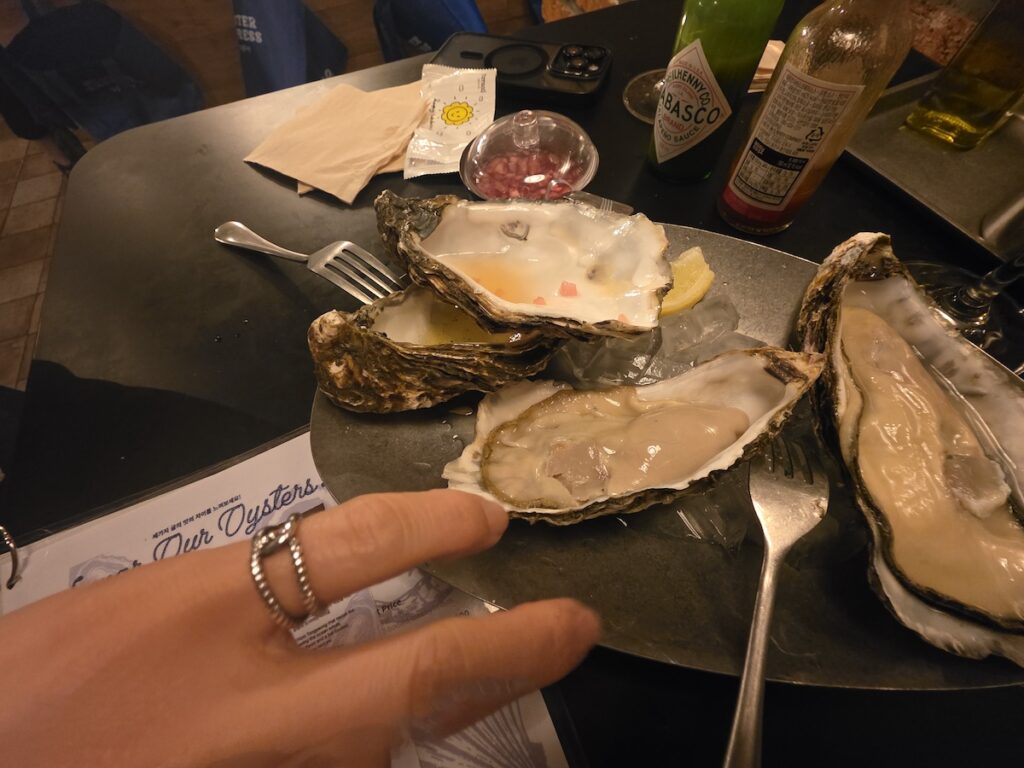 Fresh oysters served on ice at an oyster bar in Hongdae Seoul