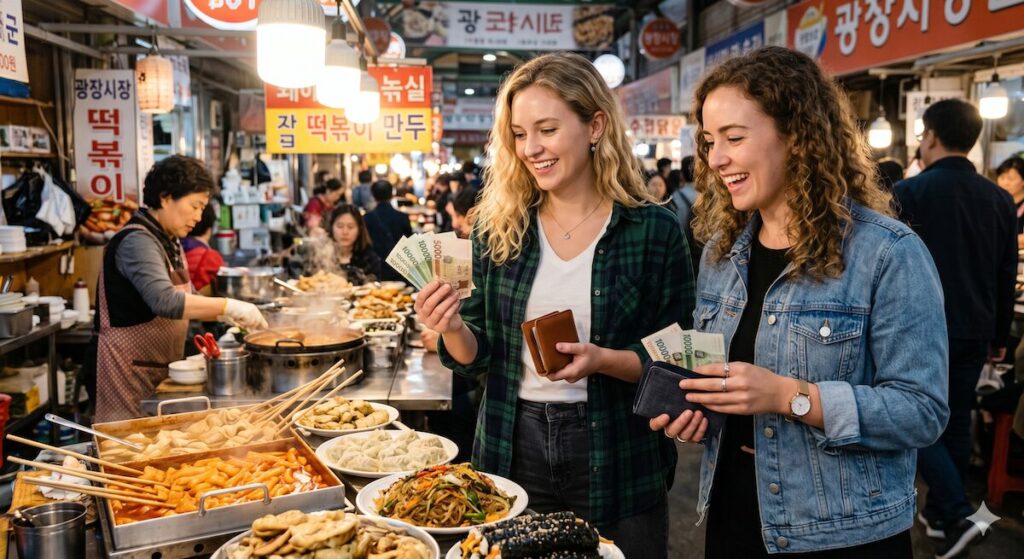 foreign tourist paying for food in Korea market using card or mobile payment Korean food prices payment system
