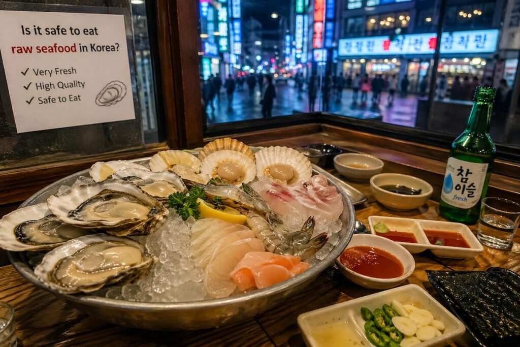 is it safe to eat raw seafood in Korea at a Seoul oyster bar with fresh oysters and sashimi