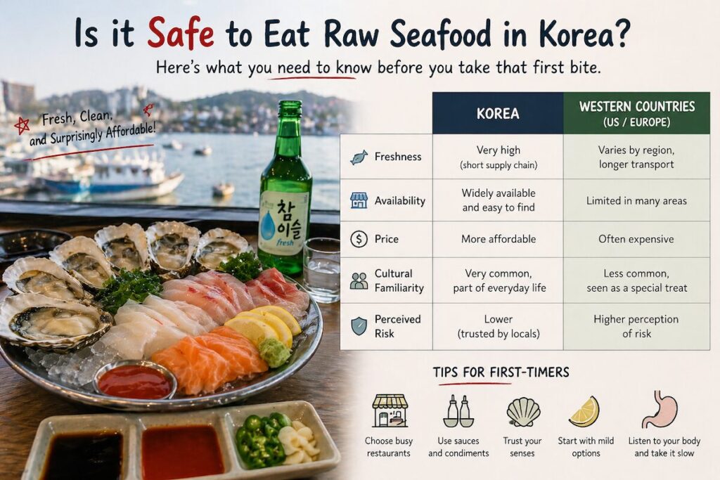 is it safe to eat raw seafood in Korea comparison with western countries freshness price safety