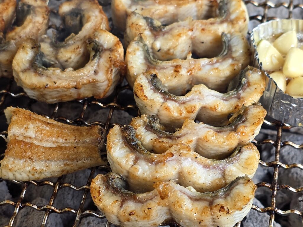 Perfectly sliced and grilled Korean freshwater eel arranged in a row on a charcoal wire rack.