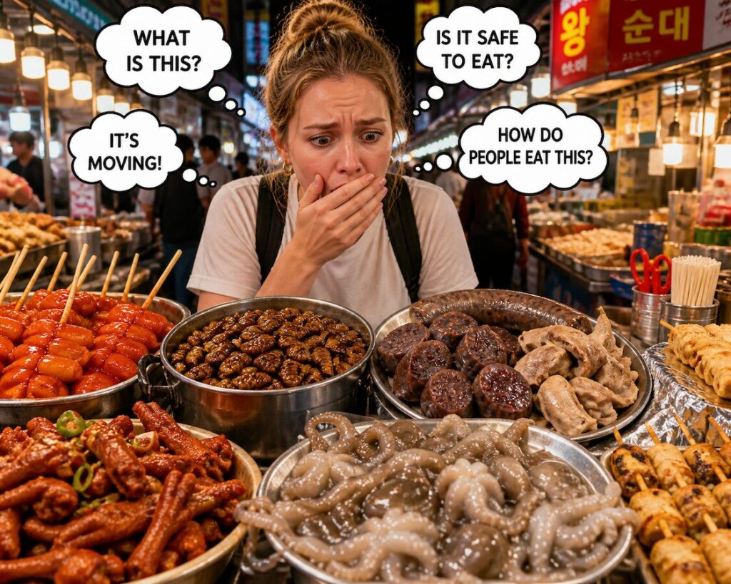 weird Korean food first reaction showing a foreign traveler surprised by unusual street food in Seoul night market