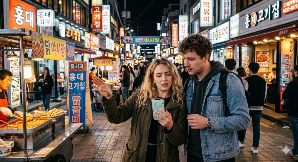 A confused tourist couple stands in the crowded, neon-lit Hongdae neighborhood of Seoul at night, trying to decide what to eat. They are holding their phones and looking at the surrounding Korean food stalls.
