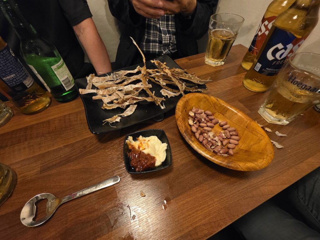 Korean dried squid served with cold beer at a Seoul bar