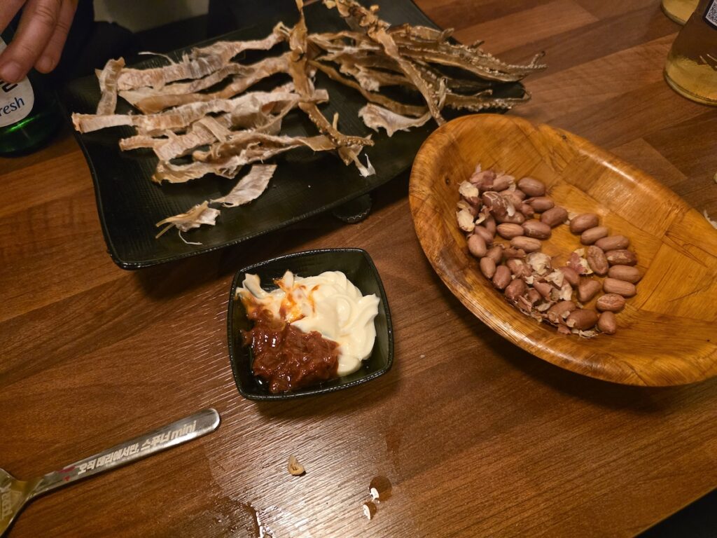 Korean dried squid with mayonnaise and gochujang dipping sauce